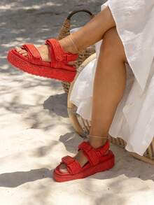 Raffia Platform Sandals For Women Espadrilles Open Toe Ankle Strap Shoes Summer Outdoor Beach Dress - Red - View 5