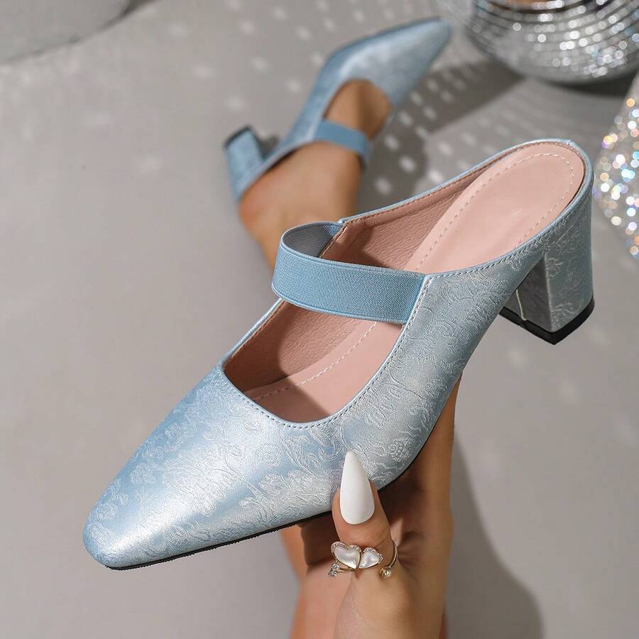 2026 Zapatos de tacón grueso tipo mula de verano de moda color azul cielo con elástico, de punta cerrada y tacón alto para mujer - azul claro - Ver 1