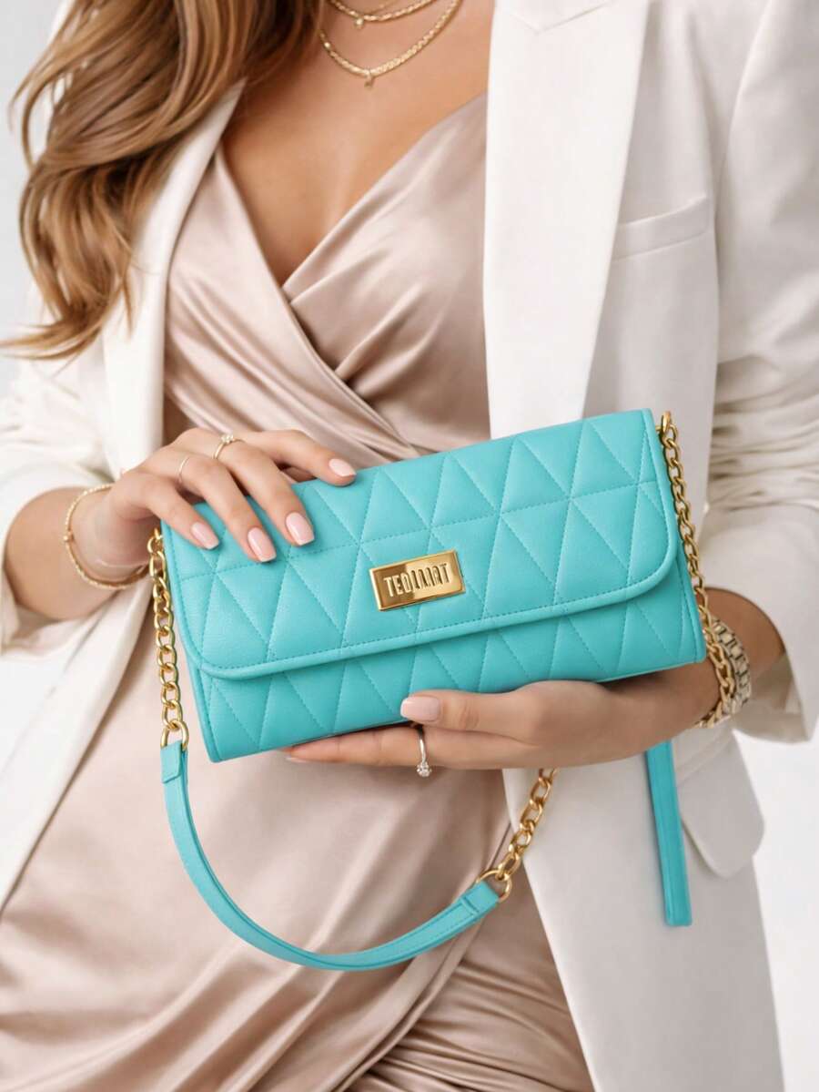 Women's Party Bag, Crossbody Style, Chain Strap, Evening Bag - Cadet Blue - View 1