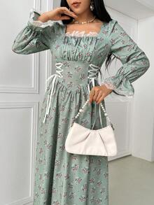 Elegant Apricot A-Line Cinched Waist Flare Sleeve Dress Maxi Satin Women Outfit Fall Cloth For Women, Spring /Summer - Multicolor - View 6