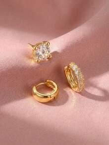 3pcs/Set Compact And Delicate Gold-Plated Copper Zirconium Round Diamond Stud Earrings Wide Matte Earrings Zirconium Earrings Jewelry Ear Studs Ear Bone Studs - Gold - View 3