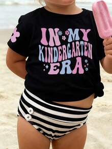 Baby Girls Bow Print Round Neck Short Sleeve Cute Top - Black - View 1