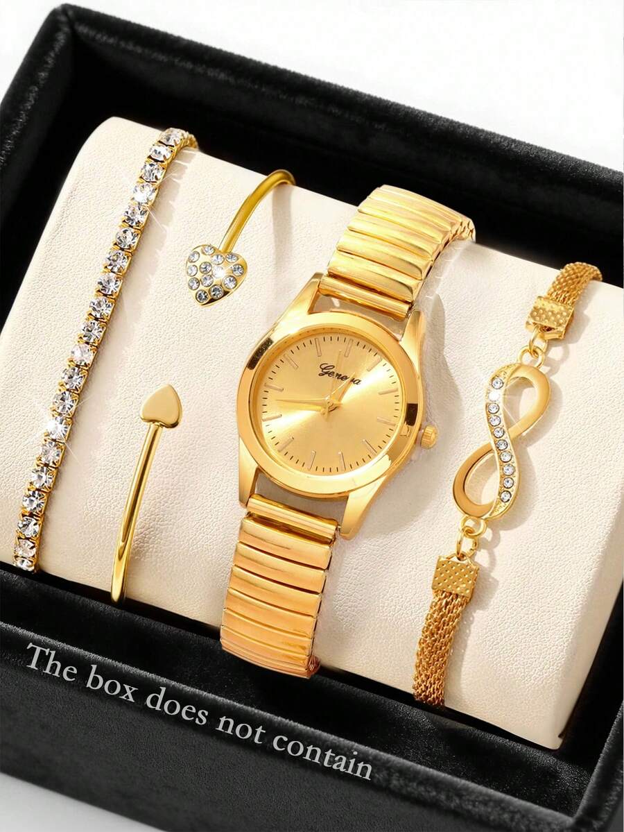 4件套女士玫瑰金不锈钢表带，时尚休闲经典阿拉伯数字表盘石英表，搭配钻石心形手链首饰套装，适合日常佩戴、装饰、送礼或节日礼物。 - 金色 - 查看 1