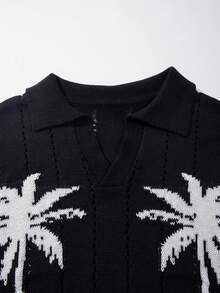Polo col chemise à demi-patte de boutonnage, motif d'arbre de noix de coco, décontracté pour les vacances et les trajets, blocs de couleurs, mode, confortable, léger, manches courtes, tricot, noir, printemps/été - Noir - Voir 4