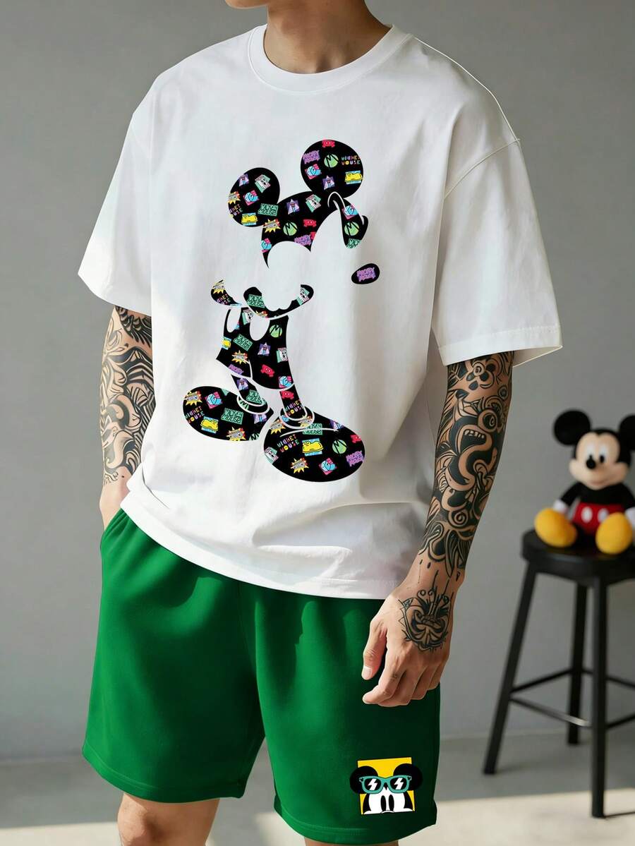 Disney Bộ đồ mặc nhà nam in hình chuột Mickey, gồm áo cổ tròn và quần short, thích hợp cho mùa xuân/hè. - trắng - Xem 1