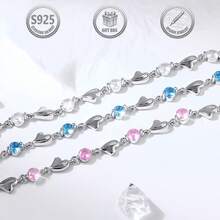 1pc Elegant & Fashionable 925 Sterling Silver Heart Shaped Cubic Zirconia Bracelet, Suitable For Daily Wear, Banquet, Party, Holiday, Date, Gift - Blue - View 2