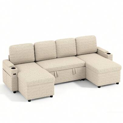 Corner Sofa Bed, U-Shaped Sleeper Sectional Couch, 3-In-1 Fabric Convertible Pull Out Sofa Bed With Adjustable Backrest, Storage And Cup Holder For Living Room, Beige