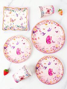 Blumen- & Schmetterlings-bedruckte Einweg-Teller, Servietten, Becher - Einmal-Party-Essentials-Set, geeignet für 8 Gäste, Einweg-Pappteller passend für Geburtstag, Hochzeit, Themenfest, Familien-Picknick - Verschiedenfarbig - Übersicht 5