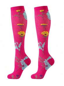 1/3/6 Pairs Women Compression Socks, Cute Pattern Breathable Knee-High Socks Suitable For Running, Fitness, Jumping Rope, Gym - Multicolor - View 4