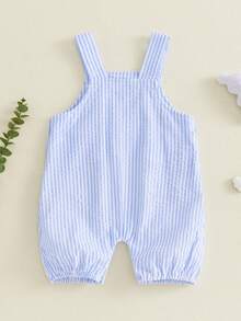 Mono para bebé niño con bonito bordado de golf/velero/béisbol, sin mangas, cuello cuadrado, a rayas y pantalón corto. - Azul - Ver 2