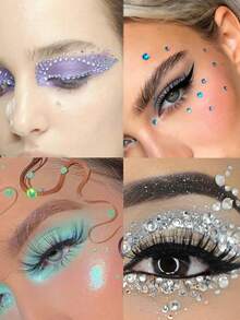 透明纯净闪亮多片装面部水钻装饰，银白/混合绿/浅紫/浅蓝/星光钻石自粘水钻，适用于眼角/指甲/面部装饰，DIY音乐节、嘉年华、情人节、Y2K风格派对、日常装饰、化妆派对、舞会，也可用于头发、眼睛、面部、身体装饰。 - 彩色 - 查看 3