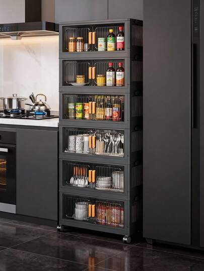 1 pieza Armario de almacenamiento plegable de 40/50/60 cm, organizador de almacenamiento de 1-5 niveles con puerta doble, armario de almacenamiento con ruedas de plástico reforzado, gabinete multiusos para sala de estar, juguetes y aperitivos, armario de almacenamiento de ropa, estantería a prueba de polvo para el hogar