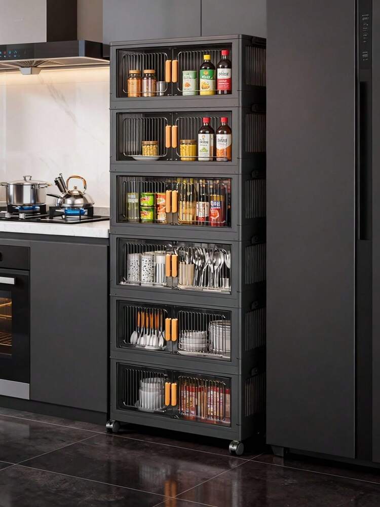 1 pieza Armario de almacenamiento plegable de 40/50/60 cm, organizador de almacenamiento de 1-5 niveles con puerta doble, armario de almacenamiento con ruedas de plástico reforzado, gabinete multiusos para sala de estar, juguetes y aperitivos, armario de almacenamiento de ropa, estantería a prueba de polvo para el hogar - Negro transparente - Añade 1