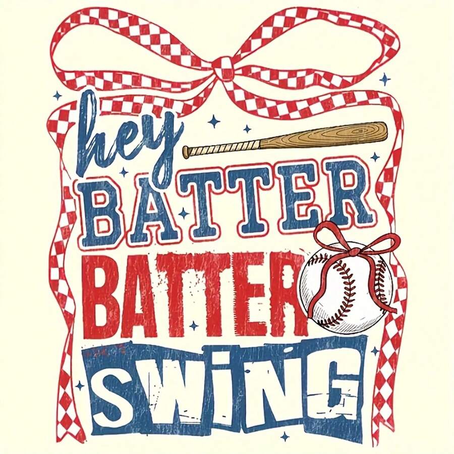 2/6pcs Retro Plaid Bow Baseball Batter Batting Swing Heat Transfer Vinyl Decals - Vibrant Red, White & Blue Design With Baseball & Ribbon Accents, Perfect For T-Shirts, Jeans, Hoodies, Backpacks, And Pillows, Iron-On Transfers - A - 查看 1