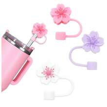 Silicone Straw Caps For 10mm Tumblers | Reusable Dust-Proof Straw Toppers Compatible With Stanley 30oz & 40oz Tumblers (Purple Flower 3pc) - Purple - View 1