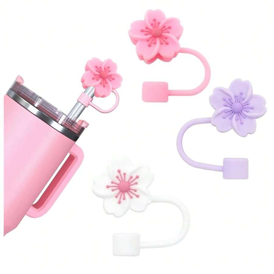 Silicone Straw Caps For 10mm Tumblers | Reusable Dust-Proof Straw Toppers Compatible With Stanley 30oz & 40oz Tumblers (Purple Flower 3pc) - Purple - View 1