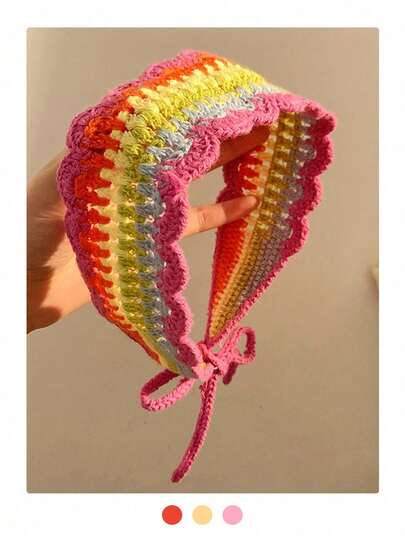 Floral Crochet Knitted Long Headband, Spring/Summer Ins Vibe Decorative Headband, Handmade Woven Mori Style Contrast Color Retro Floral Hair Band, Sweet Knitted Headscarf