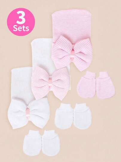 3 Sets Of Newborn Baby Pink & White Bow Hospital Hats & Scratch Mittens Set, Cute & Casual, Suitable For 0-3 Months