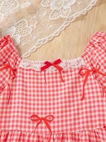 Girls' Casual Outing Fashion Plaid Bow Print Pattern Collar Ruffle Decor 3D Bow Design Flared Hem Square Neck Puff Sleeve Knee-Length Casual Dress, Spring/Summer - Red - View 3