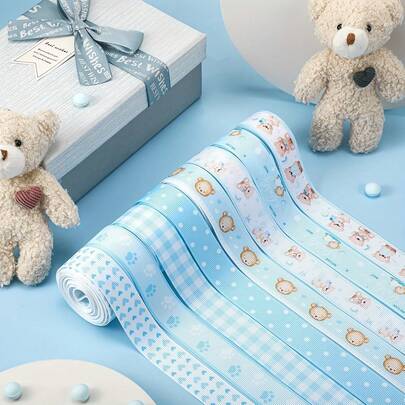 8 Rolls Blue Cute Bear Print Satin Ribbon, Suitable For Baby Shower, Birthday, Gender Reveal Party, Gift Wrapping Decoration