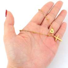 1pc Classic Fashion Cross Heart Initial Pendant Golden Stainless Steel Bead Chain Necklaces For Women - Yellow Gold - View 3