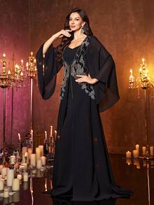 Vestido de noche ajustado de doble capa de gasa con cuello de corazón, manga larga y bordado de lentejuelas [Estampado aleatorio] UNITHORSE para mujer - Negro - Ver 7