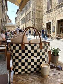 Plus Size Women Checkered PVC Tote Bag, Waterproof Shoulder Bag With Adjustable Strap, Suitable For Commuting - Black and White - View 7