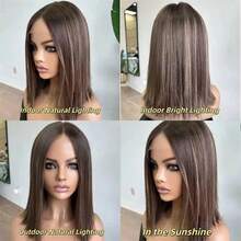 高品质 13x4 渐变棕色和金色合成丝刘海假发，短直发，无缝婴儿发，预剪裁款式 - 彩色 - 查看 3