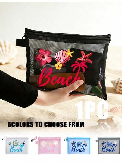 透明网眼化妆包，饰有“Beach”字母、棕榈树和海滩元素，是一款轻便可折叠的旅行化妆包，带拉链，可用作收纳袋、洗漱包，非常适合购物、收纳化妆品、刷子和配件，是返校季、海滩、海边、度假、母亲节、夏季、新年、斋月、开斋节、情人节、圣诞节或感恩节的完美礼物。