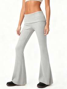 Women's Flared Pants Stylish Solid Color Ribbed Fold-down Waist Design Casual Slim Fit Bell Bottoms - Gris Claro - Ver 3
