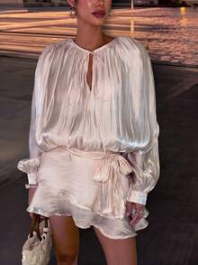 Millennium Style Tie-Up Ruffle Collar Double-Layer Flounce Lantern Sleeve Shirt Dress, Does Not Include Belt, Ladies' Gothic Sexy Halloween Clothing - Apricot - View 2