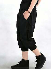 男士黑色宽松哈伦裤，高腰抽绳七分裤，轻便休闲街头风宽松灯笼裤 - 黑色 - 查看 2
