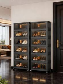 1 pièce Armoire de rangement pliable 40/50/60 cm, organisateur de rangement en plastique à 1-5 niveaux avec portes doubles et roulettes, meuble de rangement multicouche pour jouets et collations pour le salon, armoire de rangement pour vêtements, étagère anti-poussière pour la maison, étagère de rangement, boîte de rangement, contenant en plastique, bouteille d'huile, accessoires de rangement de cuisine, porte-tasses, 1 bouteille d'huile, porte-cuillères, étagère de rangement de cuisine - Noir transparent - Voir 5