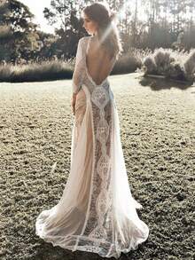 Celebrity Banquet Wedding Dress Crew Neck Long Sleeve Print Backless Lace Dress - White - View 1