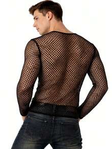 Men's Mesh Summer Slim Fit Blouse With Contrasting Waistband, Perfect For Halloween, Christmas, Pride Month, Carnival, New Year's, Or A Spring Picnic. - 黑色 - 查看 3