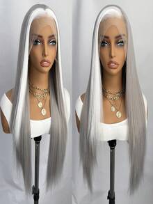 websterwigs Silver Grey Wig With White Highlights Long Silky Straight Synthetic Lace Front Wigs For Women Natural Hairline Daily Use Wig - Multicolor - View 6