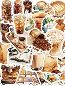 30张复古咖啡系列贴纸，优雅美观，适用于日记本、手机壳、平板电脑、水瓶、桌面、行李箱等，防水贴纸 - 彩色 - 查看 3