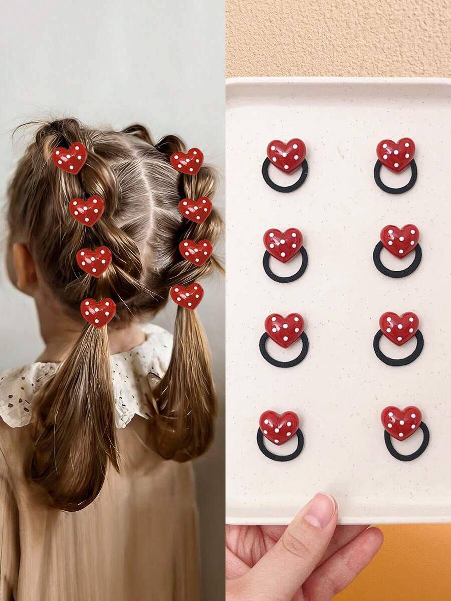 8个女婴红色心形发圈，可爱发饰 - 彩色 - 查看 1