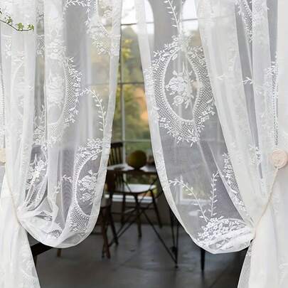 French Jacquard Lace Curtains, Romantic European Style For Living Room And Balcony, Sheer Transparent Curtains With Retro Embroidered Floral Pattern, Finished Curtain With Rod Pocket Design