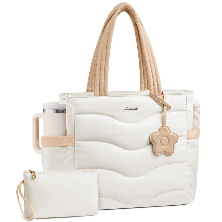 LOVEVOOK Tote Bag For Women,Puffer Work Bag,Quilted Teacher Nurse Tote Bag With Zipper For Travel Gifts For Women - 米色 - 查看 1