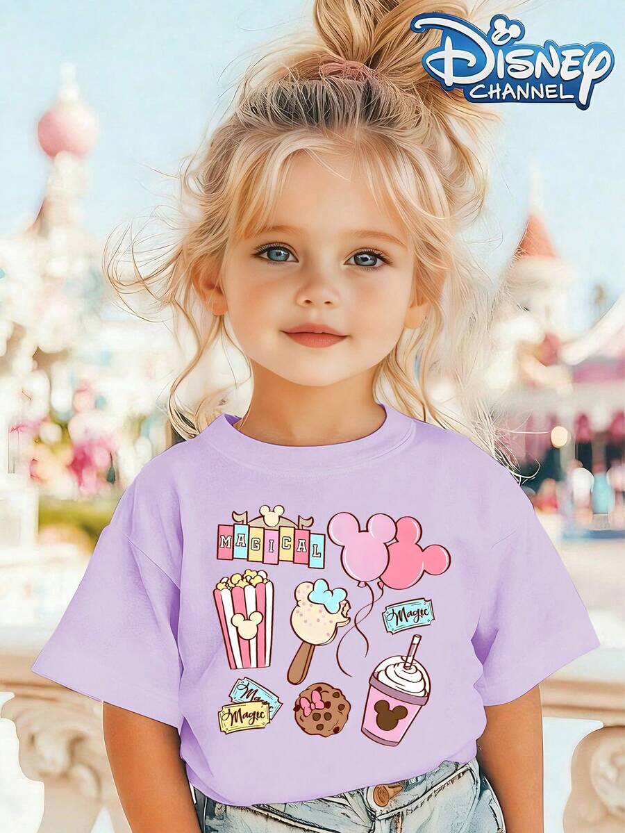 Disney Mickey Mouse Balloon Popcorn Ice Cream Cookie Drink Magic Printing, Disney Official Authorization, High-Quality Children's T-Shirts, Perfect Gifts, Fashion Casual Wear, Girl Shirts, Girl Gifts. - 淡紫色 - 查看 1