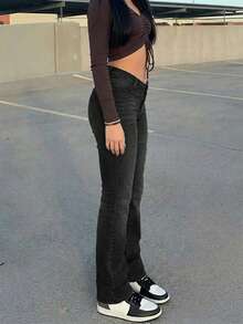 女士休闲时尚街头风日常通勤复古做旧修身喇叭牛仔裤黑色春季款 - 黑色 - 查看 3