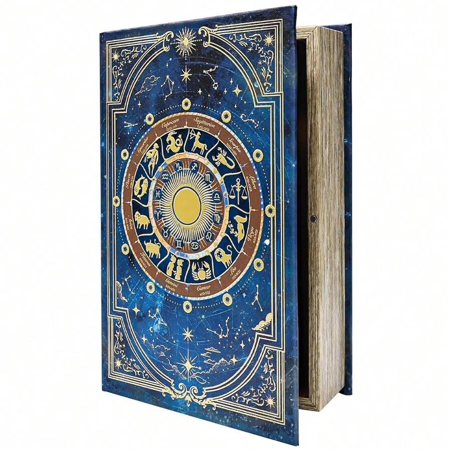 Decorative Book Box With Lid Vintage Fake Book Storage, Handmade Canvas With Gold Foil, Holder Elegant Home Office Decor Large Size Box - L/ZODIAC - 查看 1