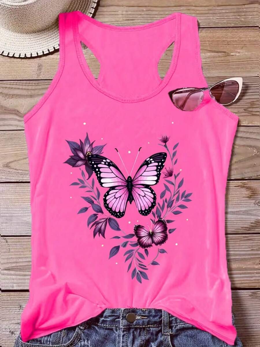 Women's Plus Size Sleeveless - Cartoon Dreamlike Butterfly Women's Fashionable Round Neck Tank Top, Round Neck Sleeveless, Perfect For Casual Wear - Màu Hồng Tươi - Xem 1