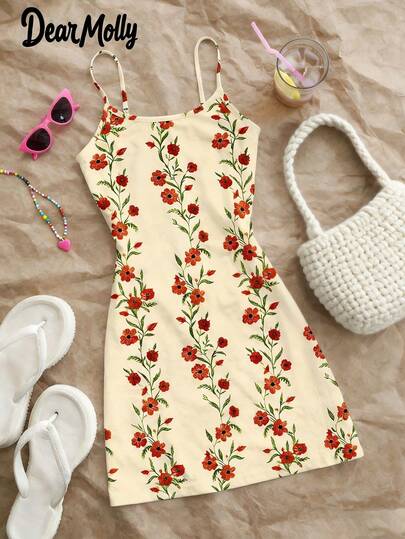 DEAR MOLLY 复古碎花吊带连衣裙，修身剪裁，甜美性感迷你裙，适合夏季度假和日常出行