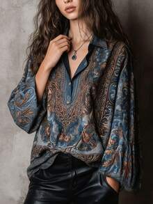 女士休闲碎花落肩长袖衬衫，百搭日常穿着，适合秋冬春假 - 藍色 - 查看 4