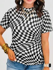 Camiseta holgada de malla con cuello redondo y estampado de tablero de ajedrez para mujer - Negro - Ver 1