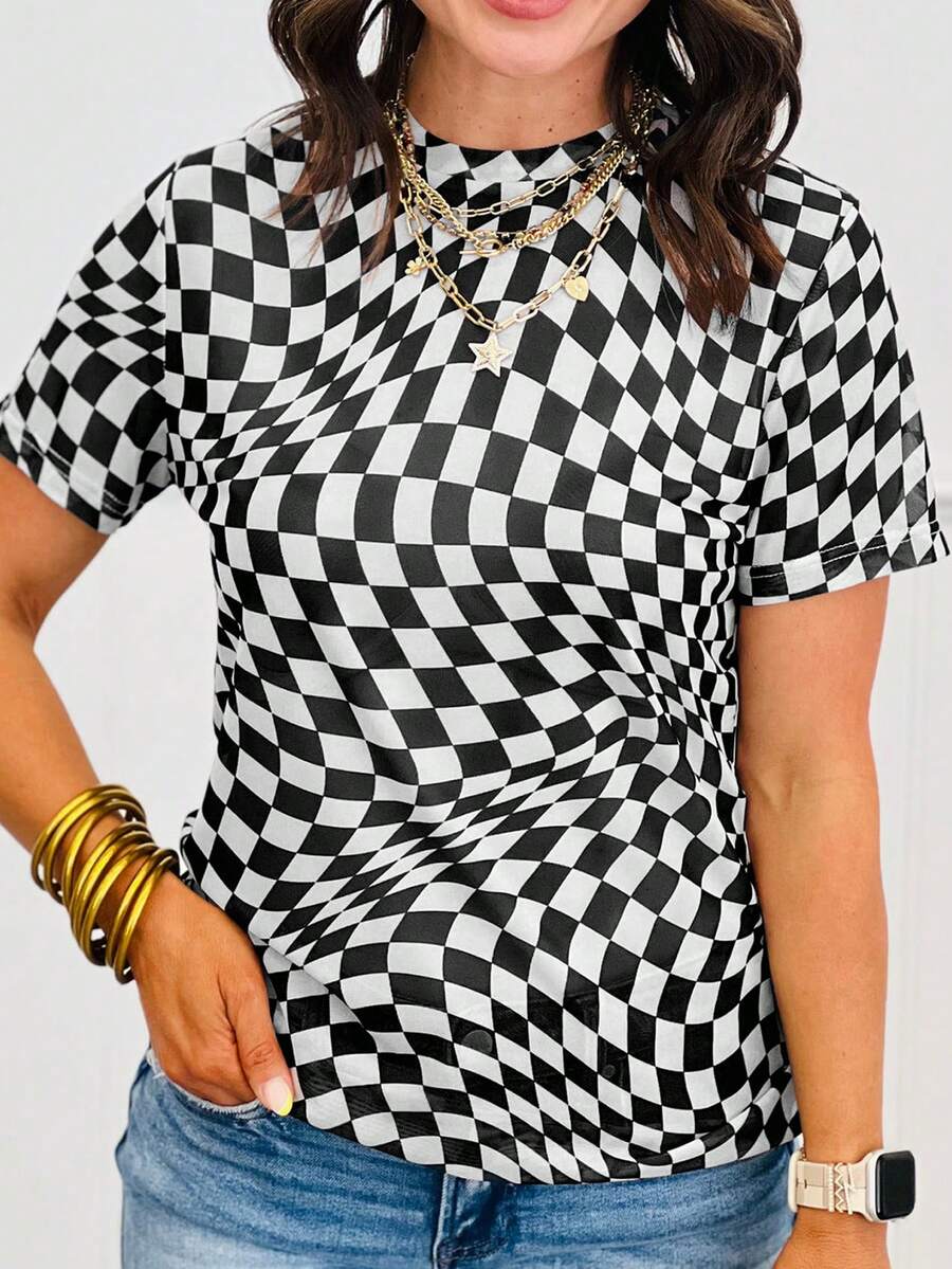 Camiseta holgada de malla con cuello redondo y estampado de tablero de ajedrez para mujer - Negro - Ver 1