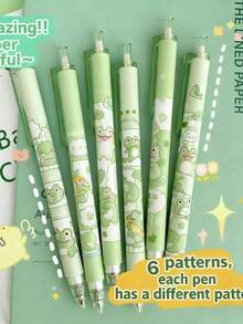 6pcs Cute Frog Designed Ballpoint Pens, High-Quality Matcha Green Student Stationery 0.5mm Black Ink Smooth Writing Pens - Matcha Frog Ballpoint Pen - View 2