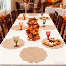 2/4/6pcs Wavy Edge Round Placemats, Cloud Embroidered Round Placemats, Rustic Hemp Cloth Placemats Set, Natural Farmhouse Style Table Mats, Heat Insulation - Multicolor - View 5